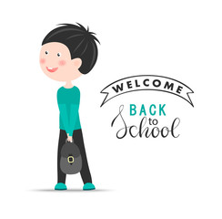 Welcome Back to school vector background with schoolboy. Vector illustration for website , posters, email and newsletter designs, ads, coupons, promotional material.