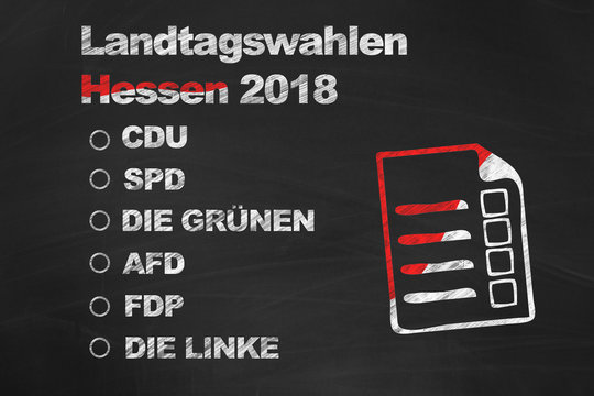 Die dominantesten hessischen Parteien bei der Landtagswahl am 28. Oktober 2018 in Hessen geschrieben mit Kreide auf Tafel