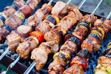 Barbecue. Juicy shish kebab on the grill. Shish kebab on skewers fried on hot coals, aromatic smoke rises upwards. Eastern cuisine