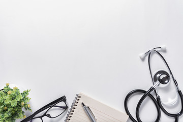 Flat lay aerial of tools medical & Healthcare insurance background concept