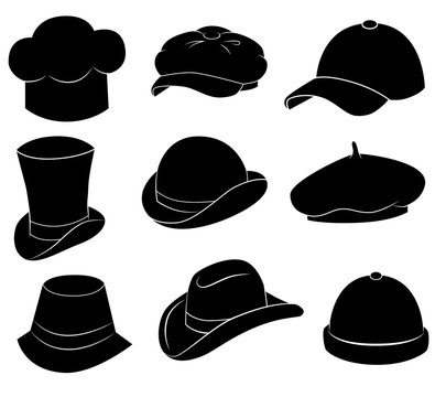 Collection of different hats (cap, bowler, beret etc.). Vector art.