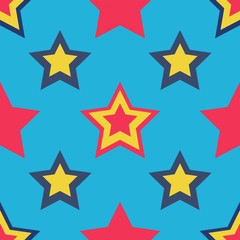 Colorful stars seamless pattern on a light blue background. Vector, eps10