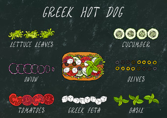 Greek Hot Dog Ingredients Constructor. Feta Cheese, Basil. Olives, Lettuce Salad, Tomato, Cucumber. Fast Food Collection. Hand Drawn High Quality Vector Illustration. Doodle Style. Black Chalkboard.