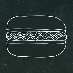 Hotdog. Bun, Sausage, Ketchup, Mustard. Fast Food Collection. Hand Drawn High Quality Traced Vector Illustration. Doodle Style. Black Chalkboard and White Chalk.