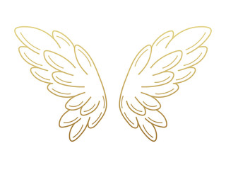 A pair of angel wings, wide open with golden metallic effect. Contour drawing in modern flat line style. Vector illustration
