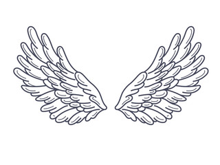 Obraz premium A pair of angel wings, wide open. Contour drawing in modern flat line style. Vector illustration