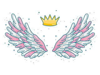 Fototapeta premium A pair of wide spread angel wings with golden crown above. Little prince or princess concept. Contour drawing in modern line style with volume. Vector illustration
