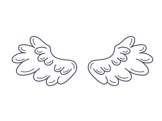 A pair of angel wings, wide open. Contour drawing in modern flat line style. Vector illustration