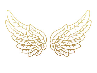 A pair of angel wings, wide open with golden metallic effect. Contour drawing in modern flat line style. Vector illustration