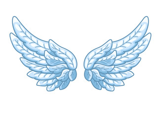 A pair of angel wings with sky blue feathers, wide spread. Contour drawing in modern line style with volume. Vector illustration isolated on white.