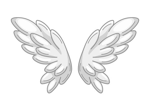 A pair of angel wings with grey and white feathers, wide spread. Contour drawing in modern line style with volume. Vector illustration