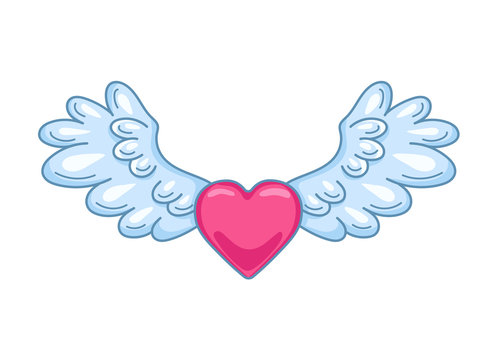 A pair of wide spread angel wings with red heart in the middle. Blue and white feathers. Love and Valentine day symbol. Cartoon vector illustration
