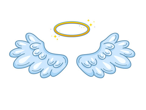 A pair of wide spread angel wings with golden halo or nimbus. Blue and white feathers. Contour drawing in modern line style with volume. Vector illustration isolated on white.