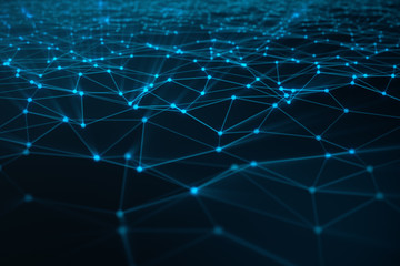 Abstract background of lines and dots, low poly mesh. Internet connections technology. Concept of neural connections transmitting signals between artificial neural connections. 3D illustration