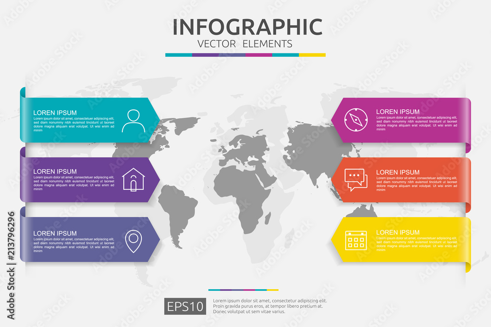 Poster 6 steps infographic. timeline design template with 3d paper label and world map background. business