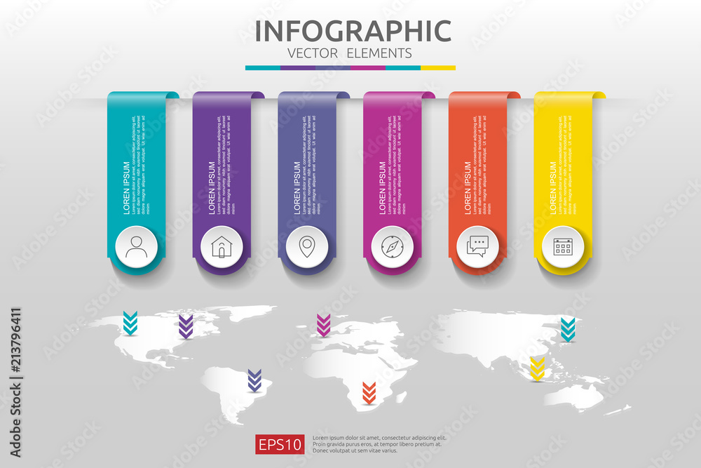 Poster 6 steps infographic. timeline design template with 3d paper label and world map background. business