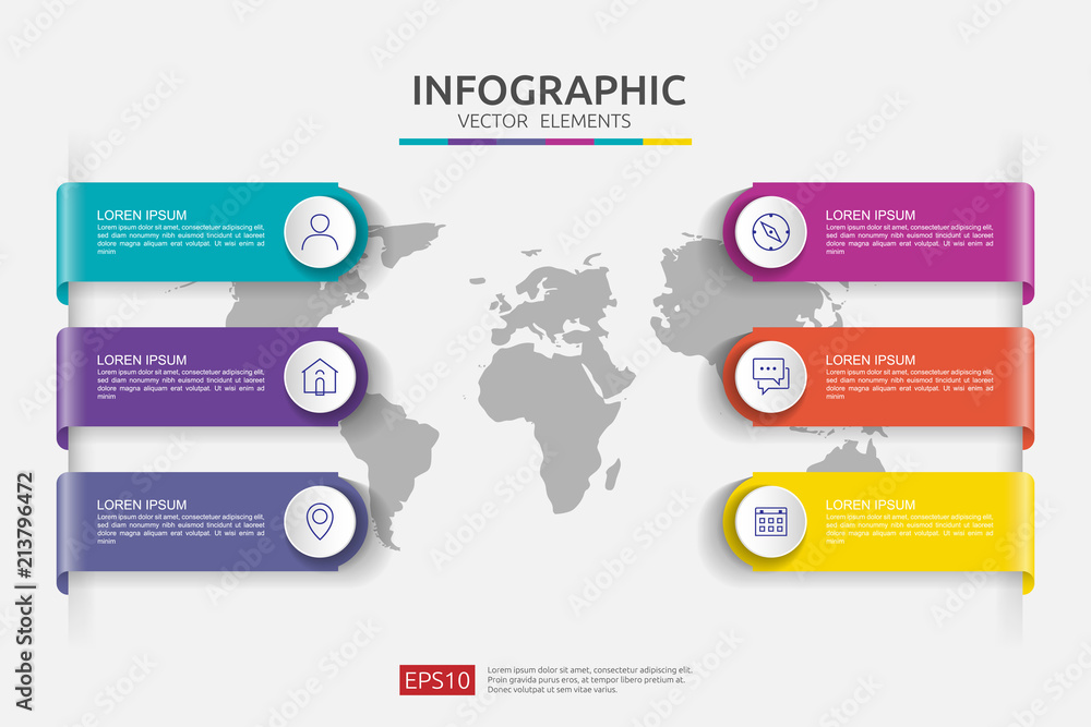 Poster 6 steps infographic. timeline design template with 3d paper label and world map background. business