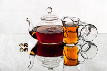 tea pot with tea and cup