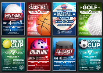 Sport Poster Set Vector. Basketball, Tennis, Soccer, Football, Golf, Baseball, Ice Hockey, Bowling. Vertical Design For Sport Bar Promotion. Tournament Flyer. Club Banner Blank Invitation Illustration
