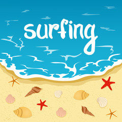 Inscription, summer summer and surfing. Sea, beach, vacation.