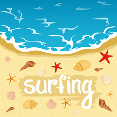 Fototapeta na wymiar Inscription, summer summer and surfing. Sea, beach, vacation.