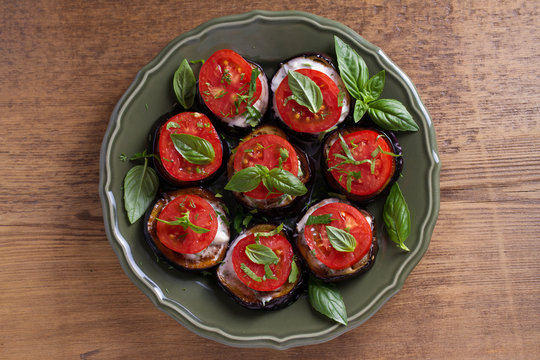 Eggplants with tomatoes and sauce. Healthy vegetarian food, appetizer