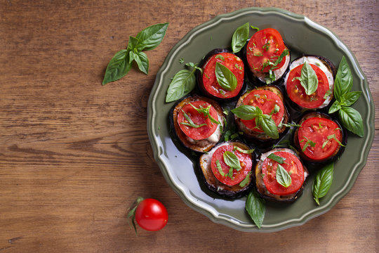 Eggplants with tomatoes and sauce. Healthy vegetarian food, appetizer