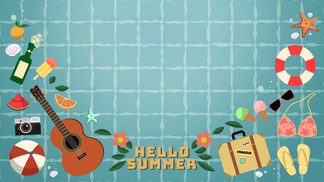 Hello summer background,Summer objects with swimming pool background.
