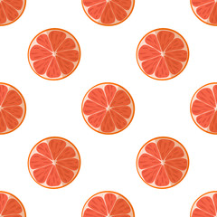Vector illustration of slices of grapefruits on a light background. Bright fruit seamless pattern with a juicy grapefruit image.