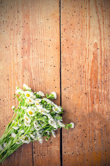 Fototapeta na wymiar White garden small chamomile flowers on wooden background. Simple bouquet on old boards texture.