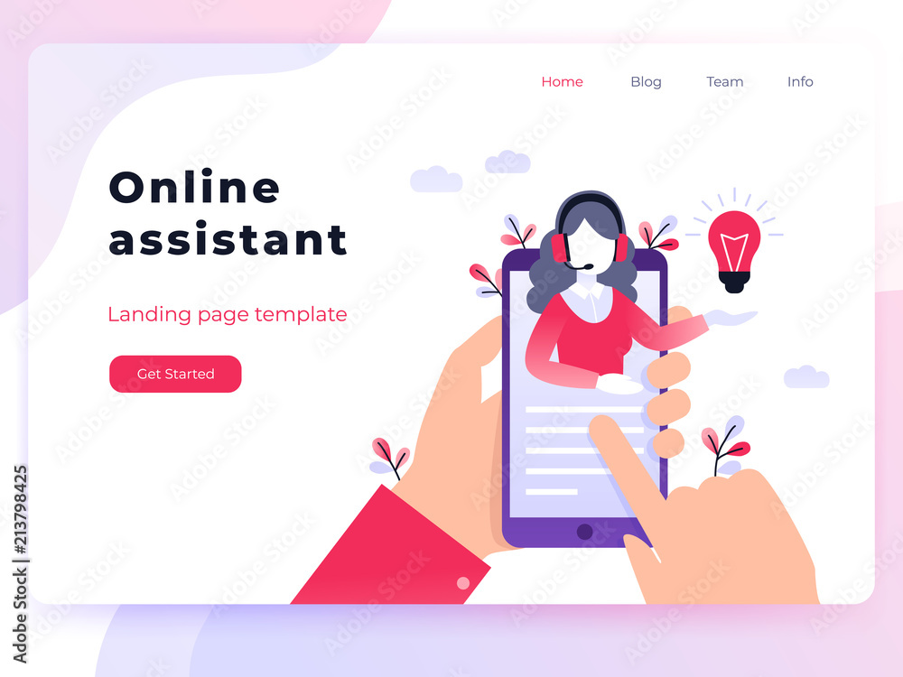 Poster landing page template customer and operator, online technical support 24-7 for web page. vector illu