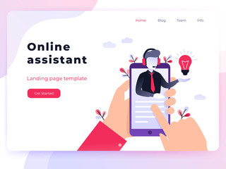 Landing page template customer and operator, online technical support 24-7 for web page. Vector illustration male hotline operator advises client. Online assistant, virtual help service smartphone.