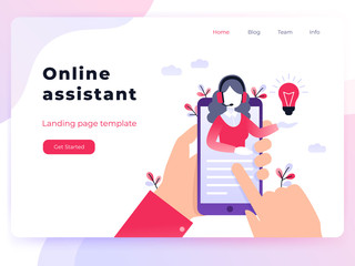 Landing page template customer and operator, online technical support 24-7 for web page. Vector illustration female hotline operator advises client. Online assistant, virtual help service smartphone.
