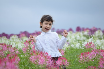 北海道の花畑と女の子