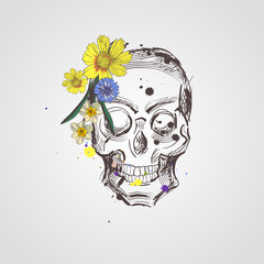 Skull with flowers. Vector hand drawn skull with wild flowers. Skull with flowers isolated on white background
