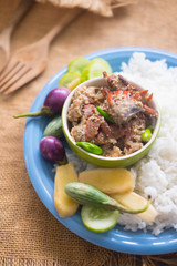 Soya bean dipping sauce served with steamed rice