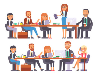 Vector flat people work place business worker person working on laptop at the table in office coworker businesswoman and businessman character workplace computer illustration