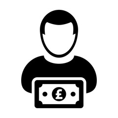 Pound sign icon vector user person profile avatar with currency money symbol for banking and finance business in flat color glyph pictogram illustration