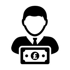 Money icon vector male user person profile avatar with Pound sign currency symbol for banking and finance in flat color glyph pictogram illustration
