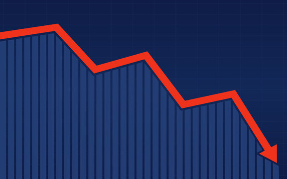 Abstract financial bar chart with red downtrend line arrow graph on blue color background 