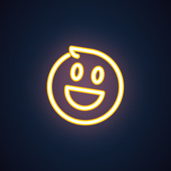 Happy smile neon icon. Cheerful emoji golden illumination symbol. Laughing emoticon expression of positive feelings. Label isolated on black. Element of interface. Vector isolated on black
