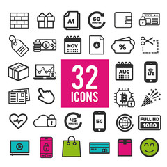 Set of flat icons, for web, internet, mobile apps, interface design - communication, travel, shopping, business, finance, transportation, medical, computer, media, marketing on white background