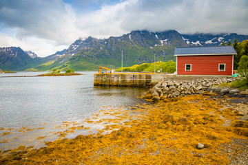 Tipical red fishing houses on fjord in Lofoten islands, Norway
