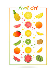 Set of vector images of fruits and their sliced pieces
