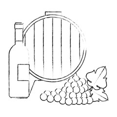 wine barrel with grapes cluster and bottle