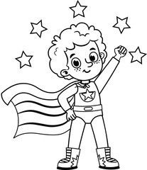 Black and white super hero character  for painting activity. Isolated on white. Vector illustration.
