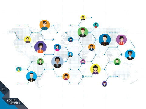 People connected by social media or social networks. Concept of communication, business, globalization. People icons, world map, hexagon design with lines in white technology background.