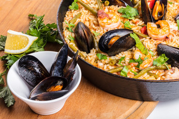 paella with seafood and vegetables
