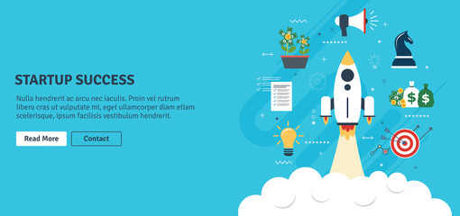 Rocket flying with icons of strategy, marketing, money and investment. Concept of business successful, growth strategy and investment in startup. Flat design web banners in vector illustration.