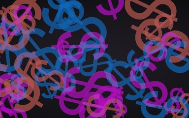 Multicolored translucent dollar signs on dark background. Red tones. 3D illustration